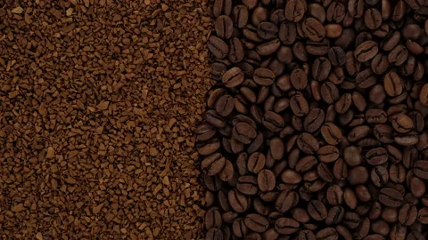 Instant coffee and coffee beans top view, slider shot Stock Footage 209485364