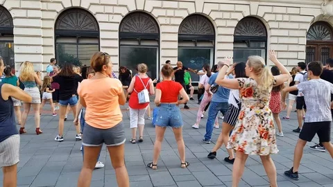 Instant Dancing Flash Mob In Bucharest Old Town Romania Summer Vibes Stock Footage