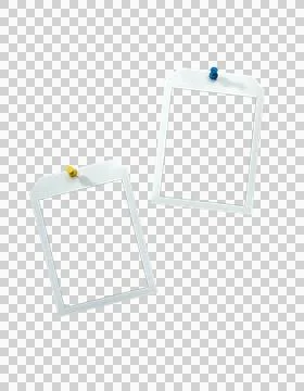 Instant frames hang on wall with colored pins Stock Photos