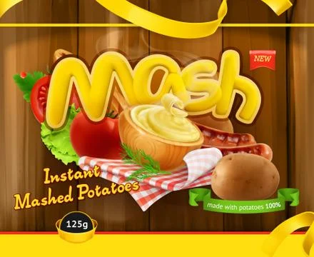 Instant mashed potatoes. Design packaging, 3d vector template Stock Illustration