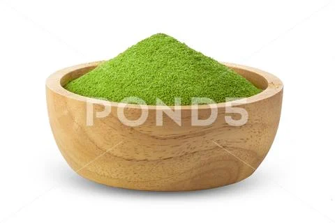 Instant matcha green tea in wood bowl on white Stock Photos