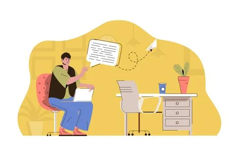 Instant message concept. Man writes text and sends his letter situation. Online イラスト素材
