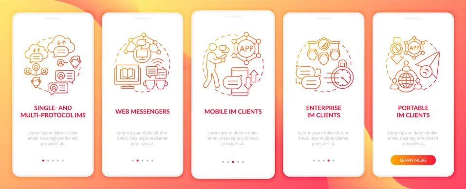 Instant messaging software type red onboarding mobile app page screen Stock Illustration