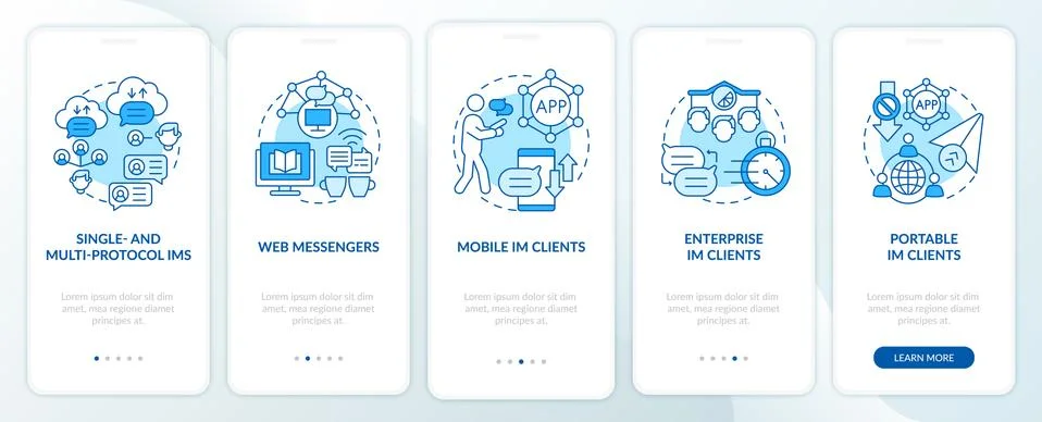 Instant messaging software types blue onboarding mobile app page screen Illustrazione stock