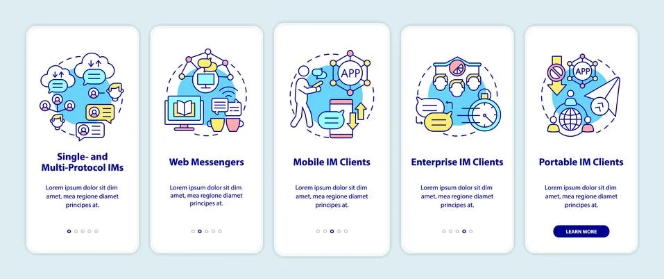 Instant messaging software types onboarding mobile app page screen Stock Illustration