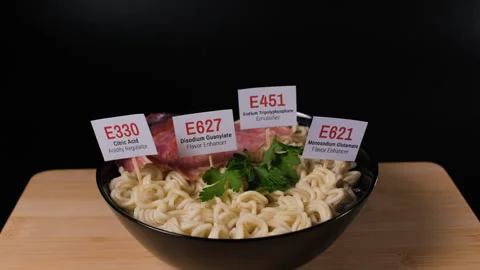 Instant noodles with additive warnings 스톡 동영상 347574232