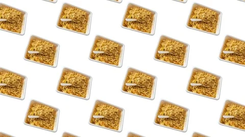 Instant noodles are shown in a repeated pattern on a white background Stock Footage 341977098