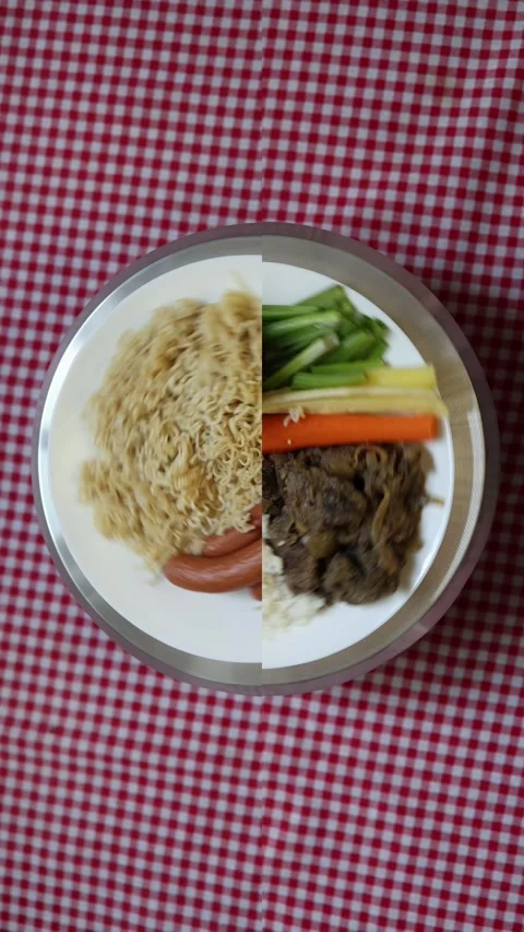 Instant noodles compare with balanced homemade meal choices Video stock 340220331