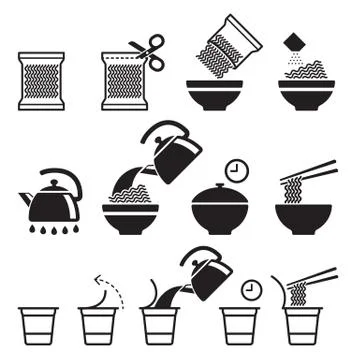 Instant noodles icons set. Vector illustrations. Stock Illustration