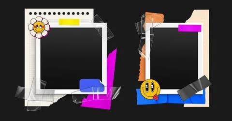 Instant photo frames set isolated on black Stock Illustration