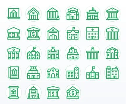 Institution Vector Icon Collection with 28 Retina Ready Bold Line Designs Stock Illustration