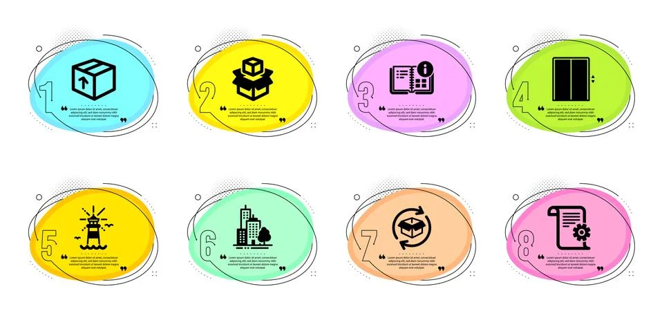 Instruction info, Return parcel and Packing boxes icons set. Lighthouse Stock Illustration