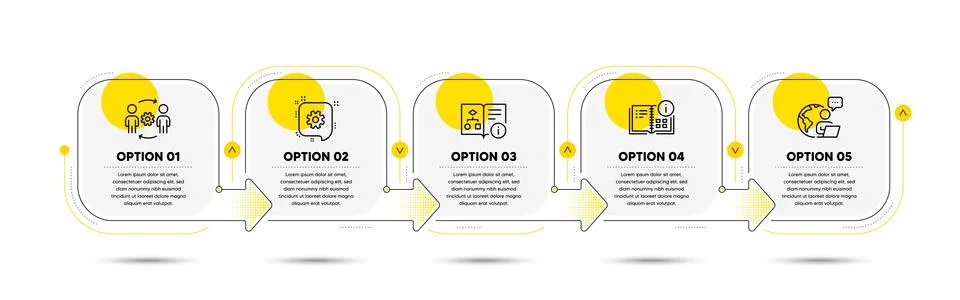 Instruction info, Technical algorithm and Engineering team icons set. Cogwheel Illustrazione stock