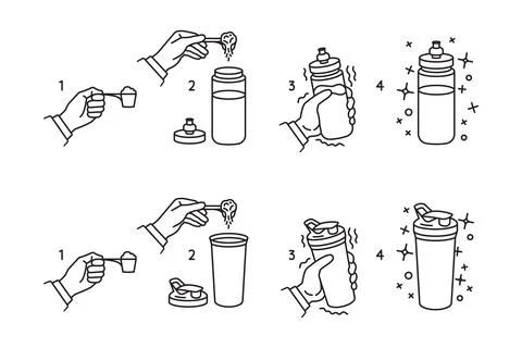 Instruction for making protein whey shake line icons. A hand shaking a sport 스톡 일러스트