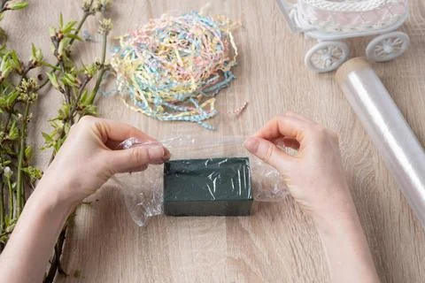 Instruction, step by step. Step 3 of 7. Stylish DIY home decoration. Carefully Stock Photos