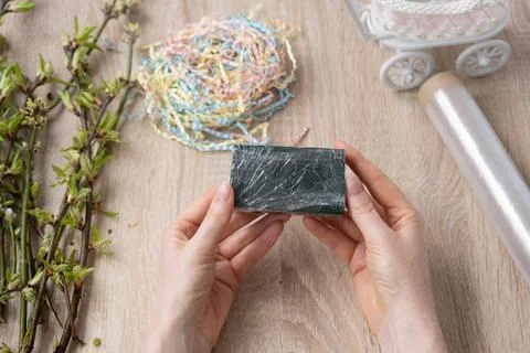 Instruction, step by step. Step 3 of 7. Stylish DIY home decoration. Carefully Stock Photos