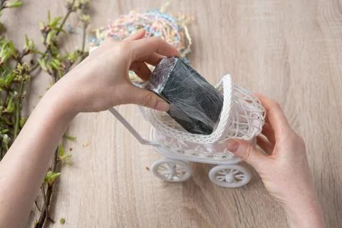 Instruction, step by step. Step 3 of 7. Stylish DIY home decoration. Carefully Stock Photos