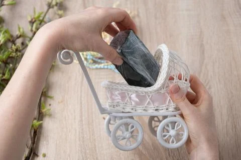 Instruction, step by step. Step 3 of 7. Stylish DIY home decoration. Carefully Stock Photos