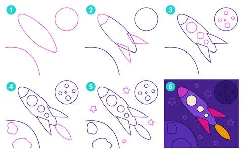 Instructions for drawing rocket. Step by step. Stock Illustration