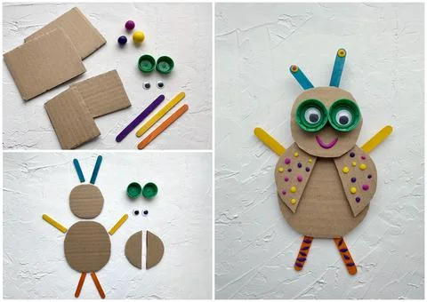 Instructions on how to make a beetle from recycled cardboard and plastic lids Stock Photos