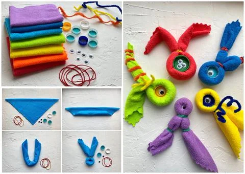 Instructions how to make a cute ghost from a microfiber cloth and rubber band Stock-Fotos