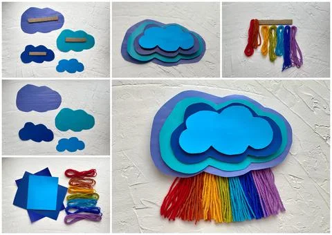 Instructions on how to make a rainbow cloud from paper and colored yarn Stock Photos
