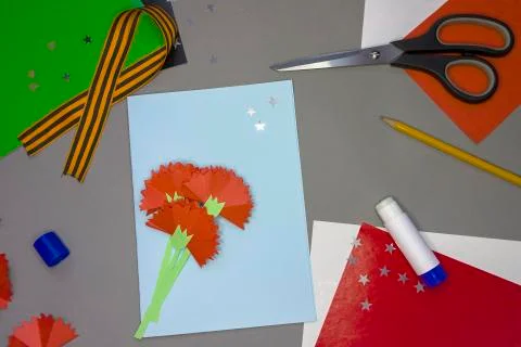 Instructions for step by step creating a DIY greeting card for May 9 Step 13 Stock Photos