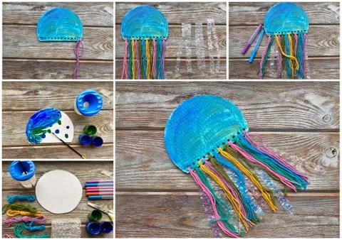 Instructions step by step how to make a jellyfish from paper, cardboard. Stock Photos