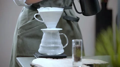 Instructon How To Make Funnel Coffee at Home. Barista Brewing Alternative Coffee Stock Footage 146474774