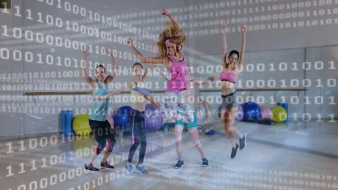 Instructor cueing 5 women doing squats to sync jumps for fitness binary digits Stock Footage 332613867