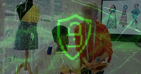 Instructor draping fashion pattern on fabric, starting green grid with shield 스톡 동영상 311098514