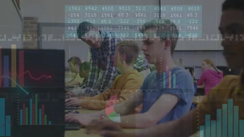 Instructor entering computer lab and pointing to guide students as animated data Stock-Footage 316190863