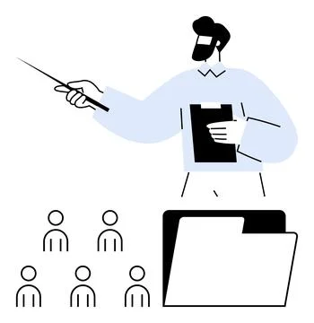 Instructor Explaining Content with Pointer to Audience and Open Folder Below Stock Illustration