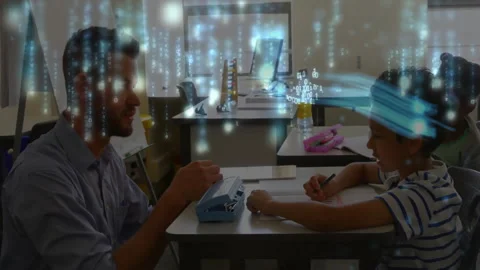 Instructor guiding student pressing embossing key, summoning swirling data flow Stock Footage 312360894