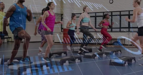 Instructor leading step and starting class mirroring patterns, data overlay Stock Footage 330397054