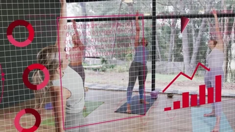 Instructor leading students into side stretch while red charts expanding over Video stock 333936679