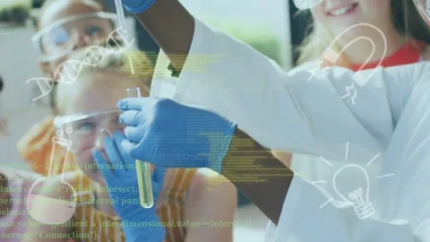 Instructor lifting test tube, using pipette in science lab, sparking curiosity Stock Footage 334729293