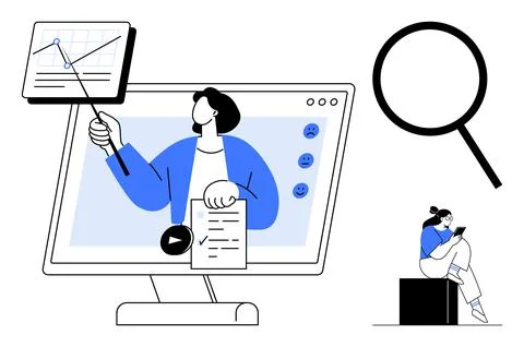 Instructor presenting data analysis on a computer screen, a magnifying glass  Stock Illustration