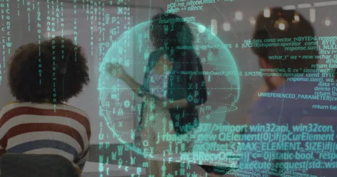 Instructor presenting tech lesson in classroom, showing holographic globe with Stock Footage 307550375