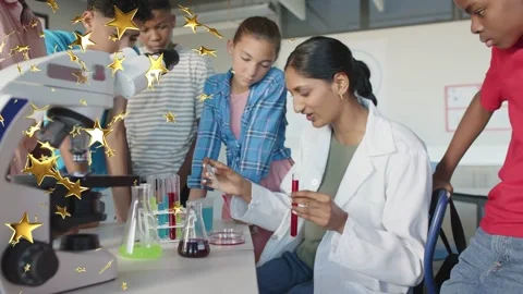 Instructor reaching flask, lifting red test tube and using pipette, teaching Stock Footage 335235279