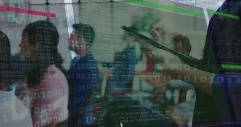 Instructor at right tapping tablet in classroom, generating binary overlays Stock Footage 331165985