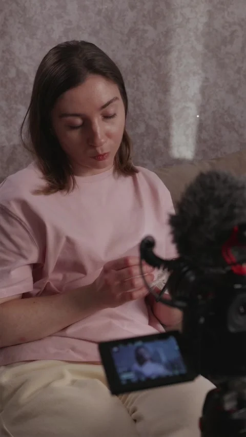 Instructor showing yarn materials for an online course vertical Stock Footage 337451979
