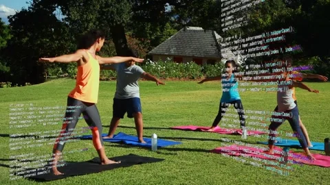 Instructor stepping on black mat teaching kids yoga Warrior II side-bend with Stock Footage 333233525