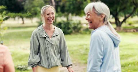 Instructor, steps and old people with smile fitness and routine with nature, Stock Footage 323491578