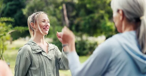 Instructor, steps and old people in park, fitness or smile with nature, support Stock Footage 323491813