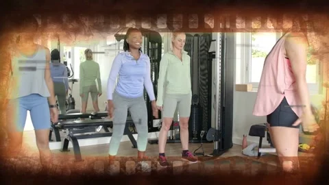 Instructor tapping timer, women performing squats, moving to planks for fitness, Stock Footage 333018639