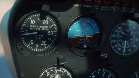 Instrument panel of a helicopter cockpit showing vertical speed indicators and Vídeo Stock 328480855