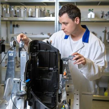 Instrument for precise 3D measurement of plastic moldings for the automotive Stock Photos