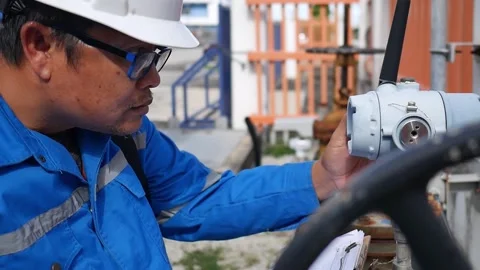Instrumentation engineer inspecting flow rate via flow transmitter in a chemical Stock Footage 310745015