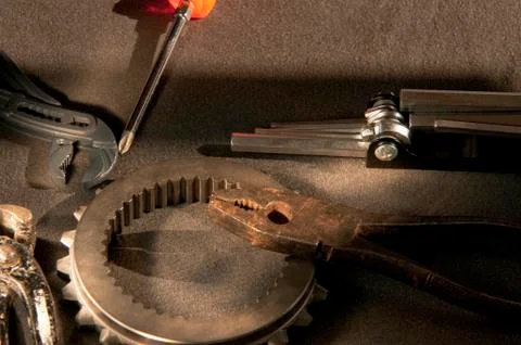 Instruments and tools for working on mechanical parts Stock Photos